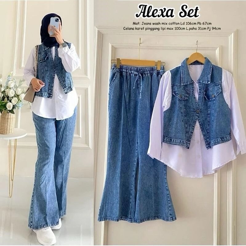 Setelan Wanita Remaja OOTD Model Kekinian LD 110 Alexa set 2in1 Baju atasan Set Rompi + Celana Jeans