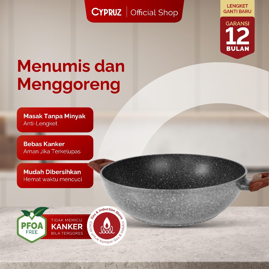 Cypruz Wajan Kuali Anti Lengket Tanpa Tutup Marble Series Wok Pan Induksi 30 cm