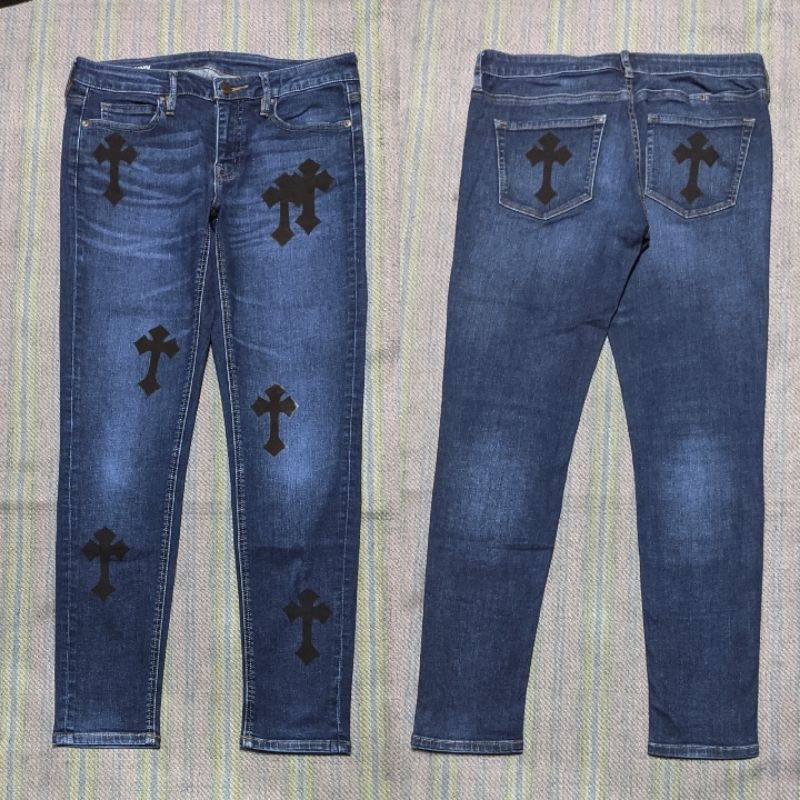Celana Panjang Longpants Jeans Muji Dark Blue Washed Fading Skinny Custom Cross Chrome Hearts Origin