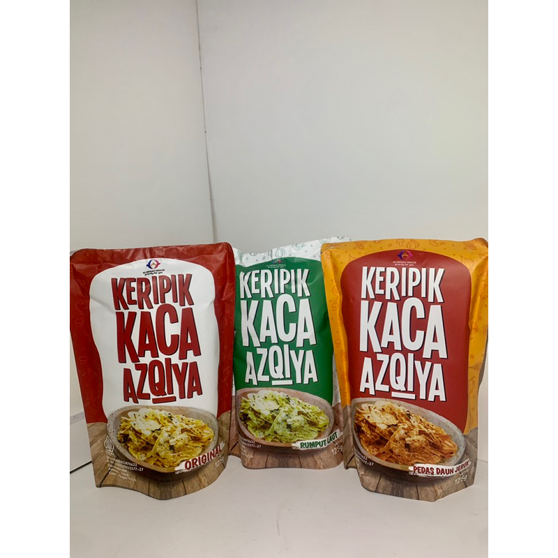 

keripik kaca azqiya rasa original, rumput laut, dan pedas daun jeruk