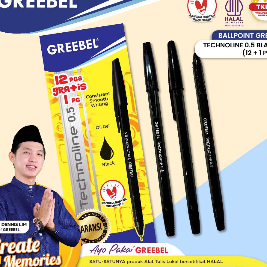 

BERKAH GREEBEL Pulpen Ballpoint Technoline 5 Hitam 12 PCSSET Pulpen Greebel Pena Ballpen