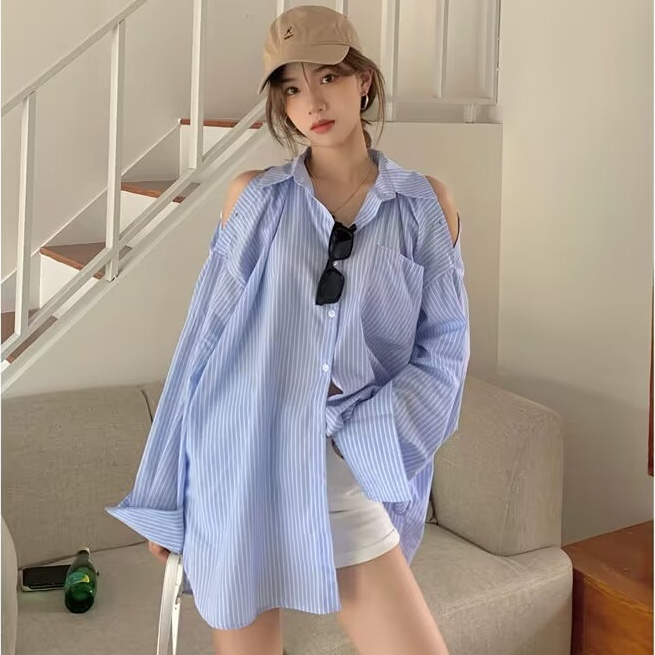 Kemeja Garis-garis Wanita Gaya Korea Atasan Kemeja Lengan Panjang Bahu Terbuka Garis-garis Biru untu