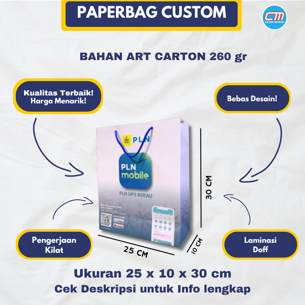 

PAPERBAG PLN CUSTOM/PAPERBAG CUSTOM uk 30x25x10 Bahan Artcarton berkualitas tebal