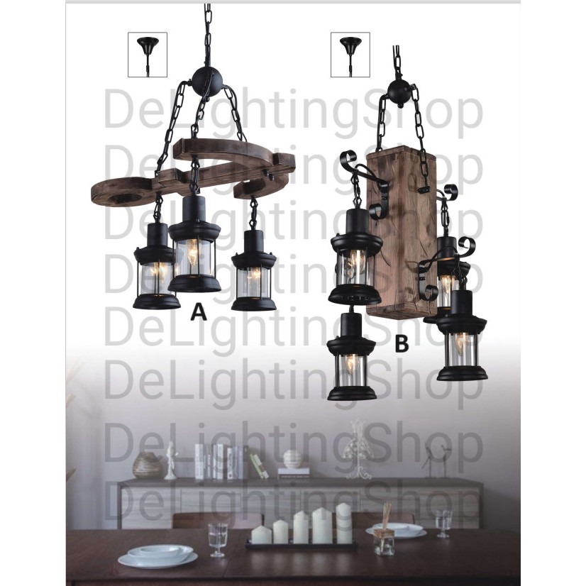 SL5016-3/5017-4 LAMPU GANTUNG HIAS KAYU VINTAGE MINIMALIS DEKORASI KLASIK CAFE RESTORAN RUANG TAMU M