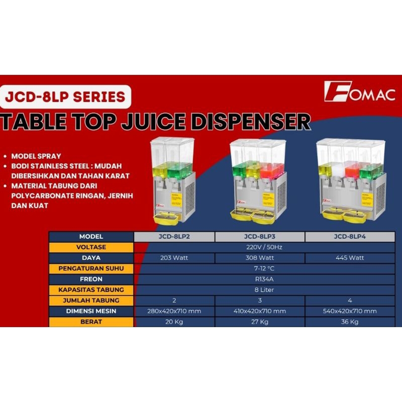 Mesin Juice Dispenser 4 Tabung Fomac JCD-8LP4
