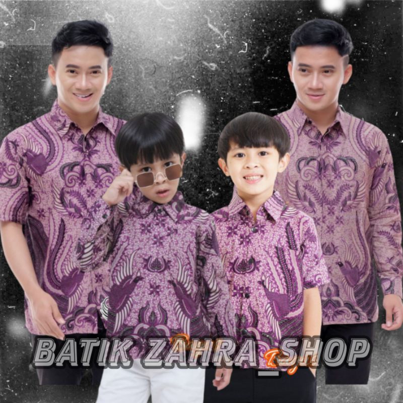 Kemeja Batik Anak Laki-laki Lengan Panjang Couple Batik Ayah dan Anak Cowok Warna Ungu Muda Batik Mo