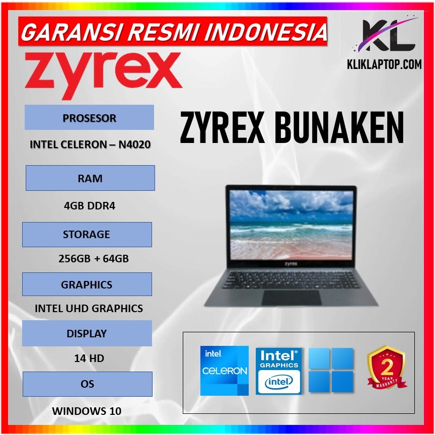 Laptop Zyrex Bunaken Intel Celeron N4020 4Gb 256Gb+64Gb Windows 10 14.0 Hd