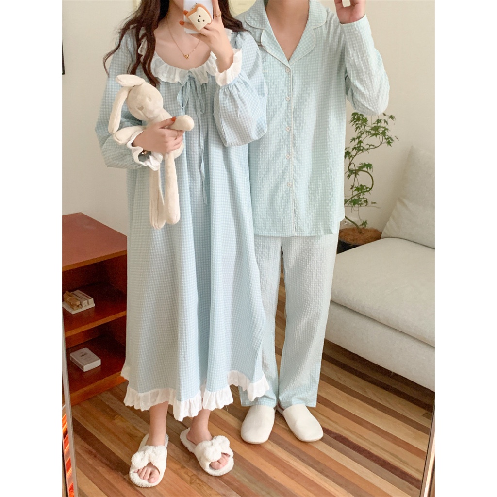 Kana - piyama couple pasangan suami istri lengan panjang daster baju celana tidur kotak-kotak