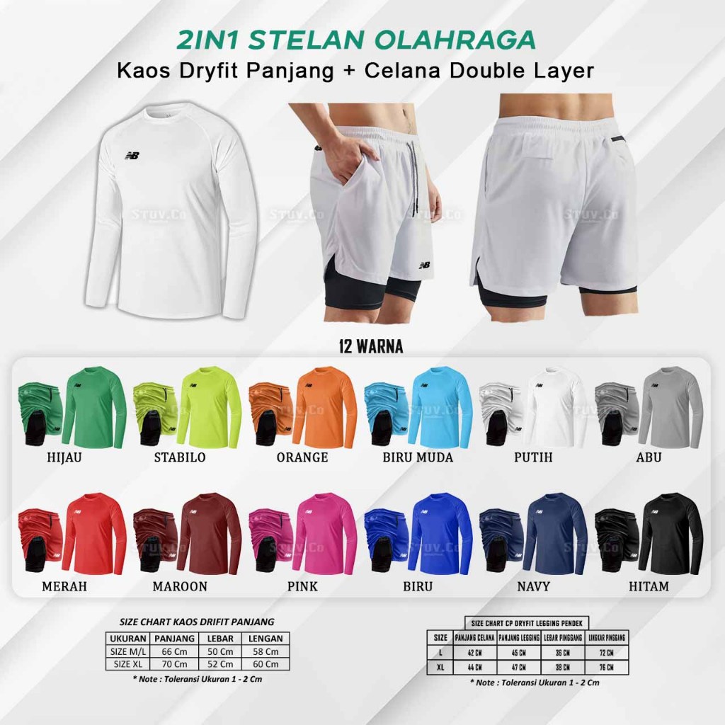 2IN1 PAKETAN STELAN KAOS PANJANG DRYFIT CELANA DOUBLE LAYER OLAHRAGA BADMINTON PRIA WANITA