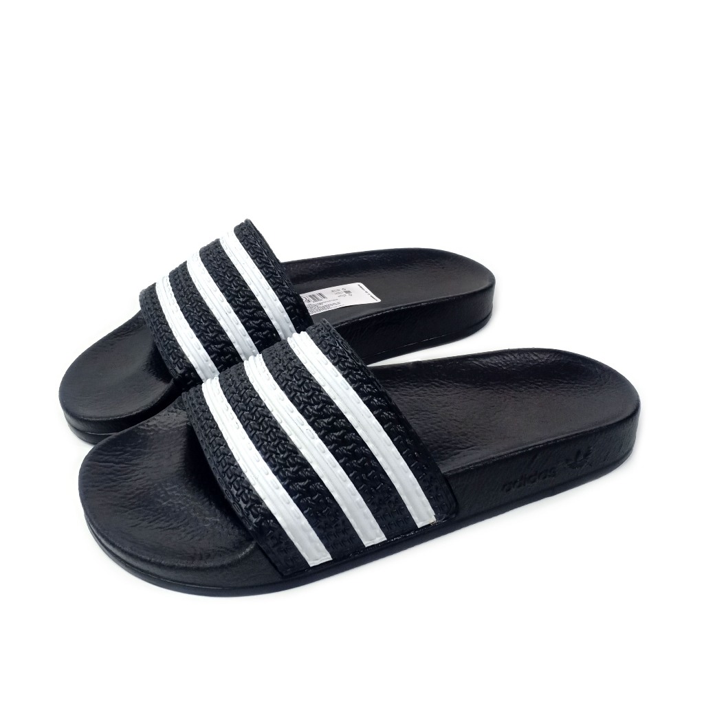 Sandal selop slide Casual Adidas pria wanita tipe slop slip on warna hitam garis putih upper anyam