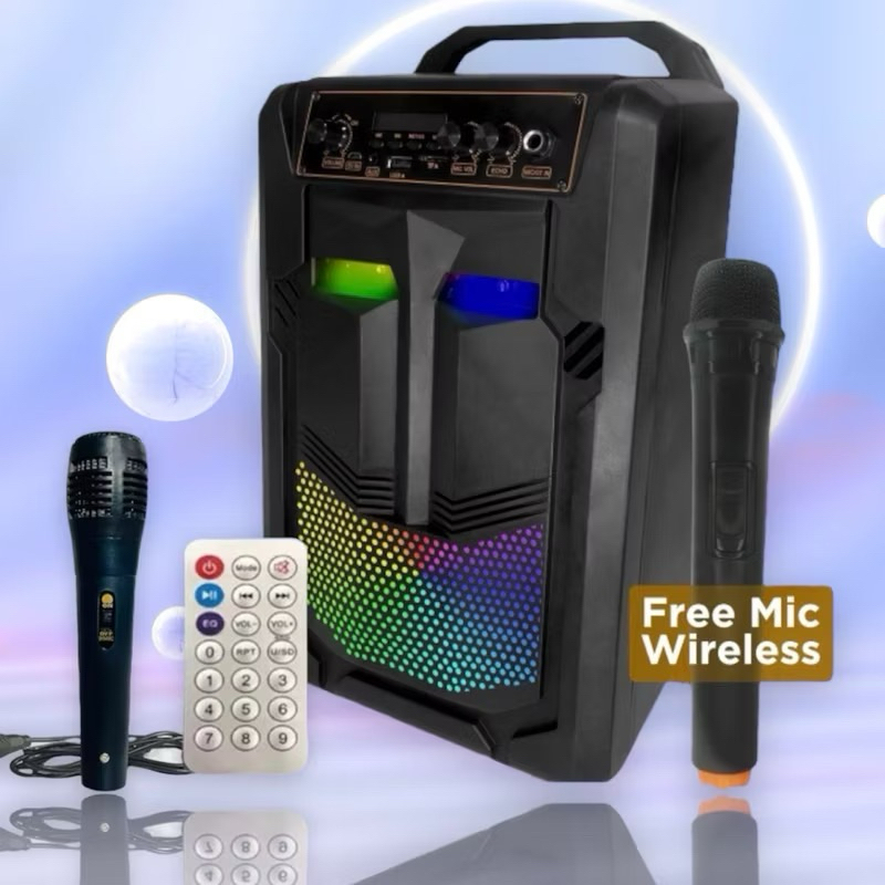 Speaker Bluetooth Karaoke Kimiso Qs-889 free 2 mic (1 mic kabel + 1 mic wireless) 8,8inch