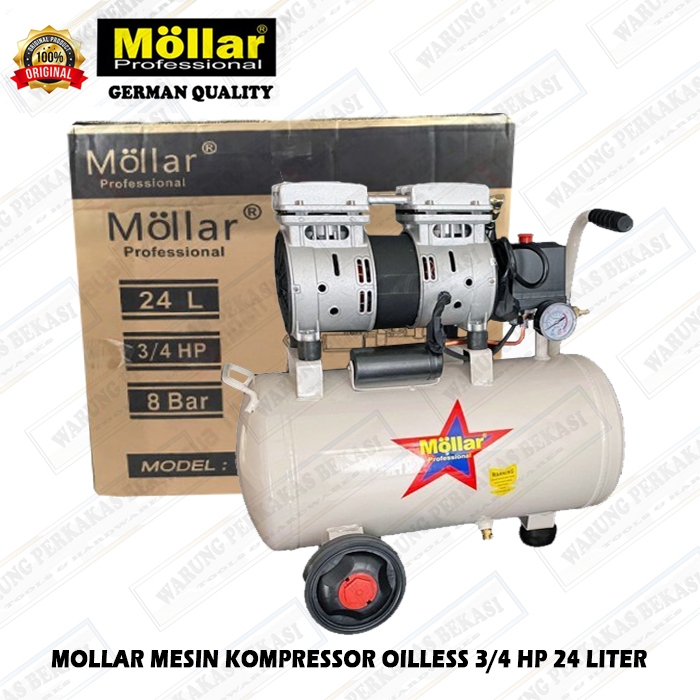 Mollar Mesin Kompresor 0.75HP Listrik Low Watt 24L Oilless Silent Tanpa Brisik Tanpa Oli 1 HP 8 Lite