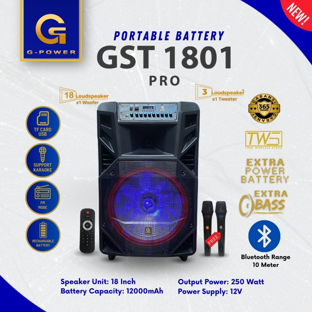 G-POWER Speaker Gst 1801 Pro Professional Speaker Portable 18 Inch  250w Free 2 Mikrofon Tanpa Kabel