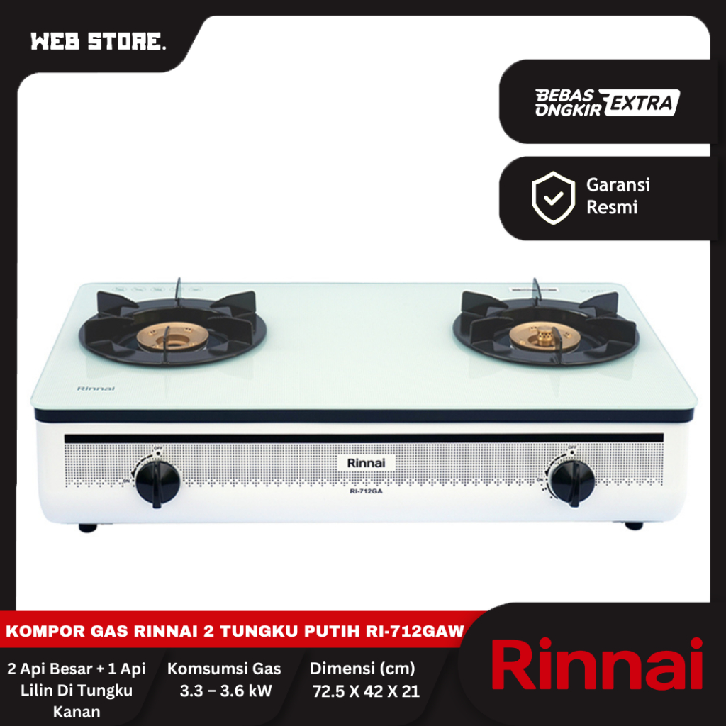 Kompor Gas RINNAI 2 Tungku Kaca Masak Putih RI-712 GA(W) Api Lilin Turbo Putih
