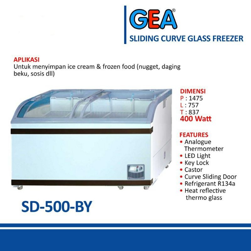 GEA CHEST FREEZER SLIDING CURVED GLASS FREEZER SD 500BY KAPASITAS 500 LITER