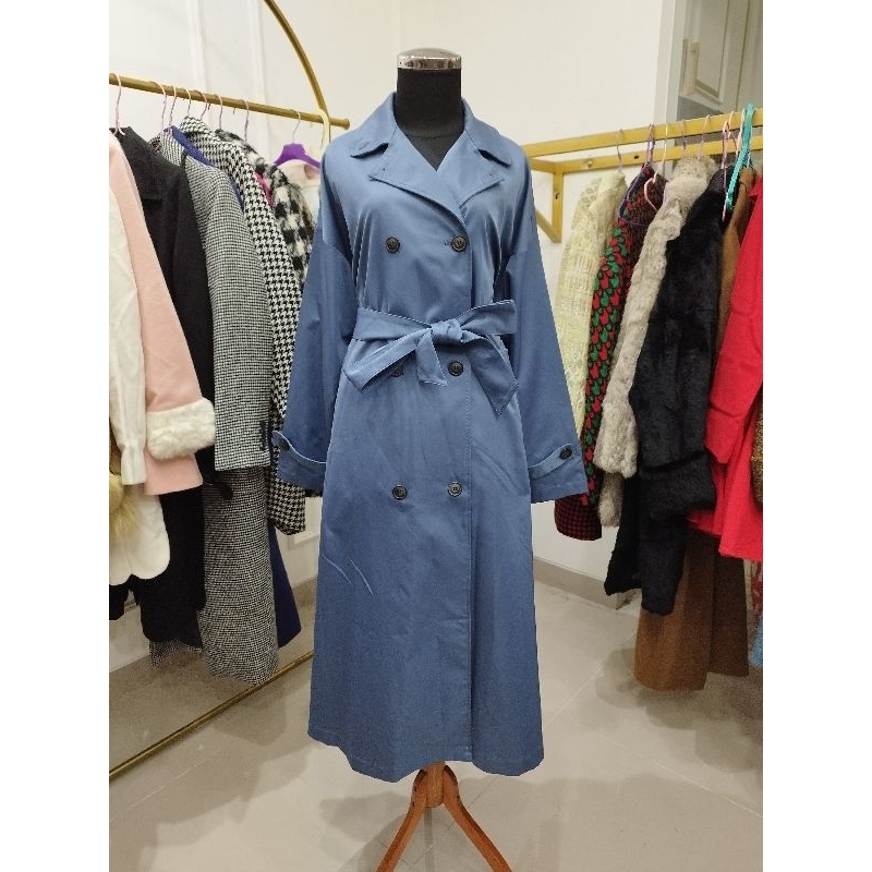 Long coat katun Biru denim/Trench coat Denim