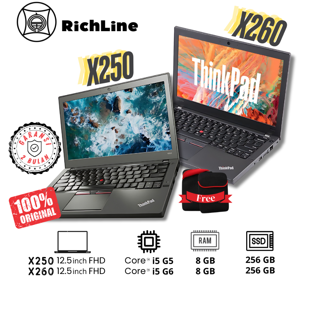 Lenovo Thinkpad X250 Original Intel Core i5 Gen 5 RAM 8GB SSD 256GB Laptop Second Like New Bergarans