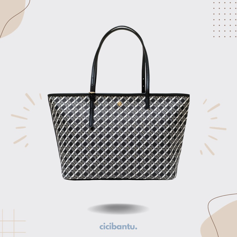 (ASLI) TORY BURCH Tas Geo Logo Allover Top Zip Tote Bag Black Hitam