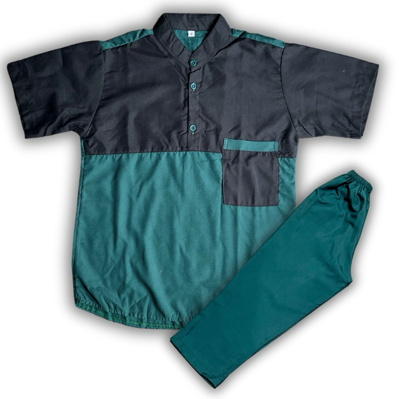 baju koko anak laki laki lengan pendek motif body hitam warna hijau botol