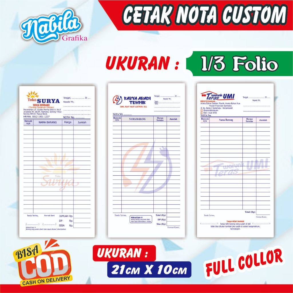 

1/3 folio 2 rangkap cetak nota custom nama toko olshop sendiri free desain nabila grafika