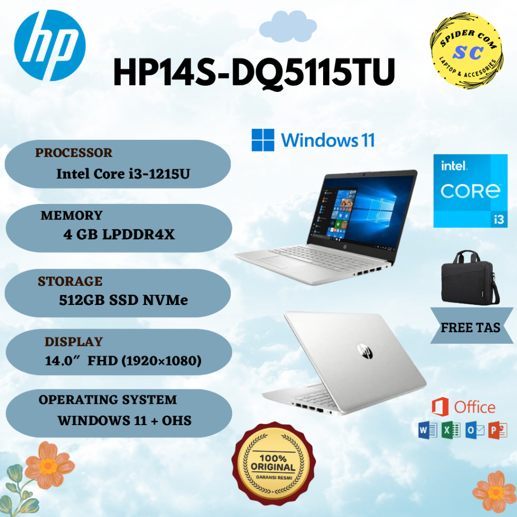 LAPTOP HP14S-DQ5115TU | I3 1215U/8GB/SSD 512GB/14'/INTEL HD/WIN 11 & OHS ORIGINAL