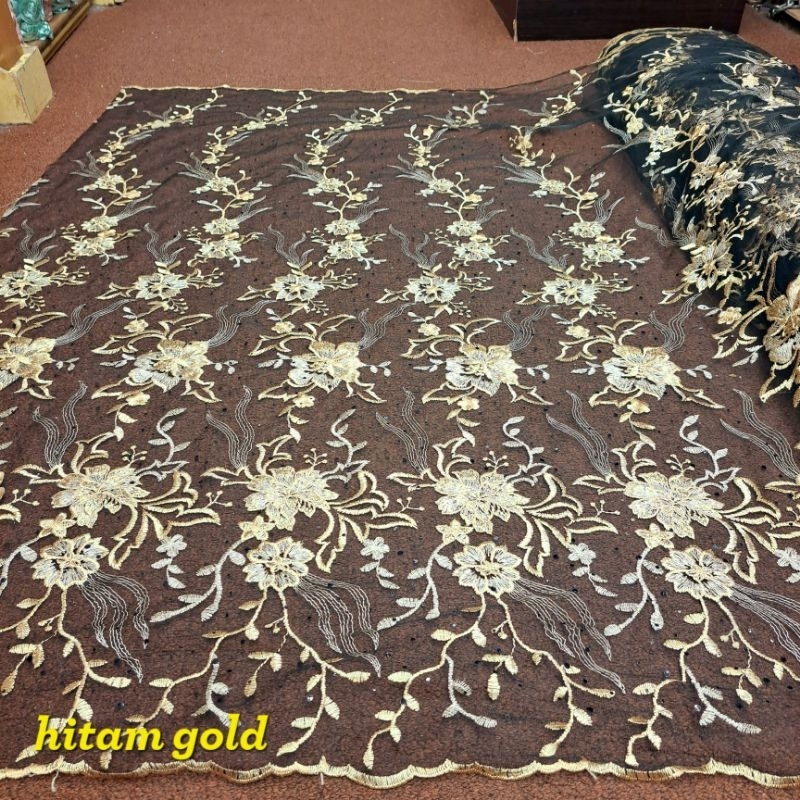 (COD) bakal kain tulle dasar hitam motif bunga merambat/tille borkat/ tile kebaya warnita bermotif