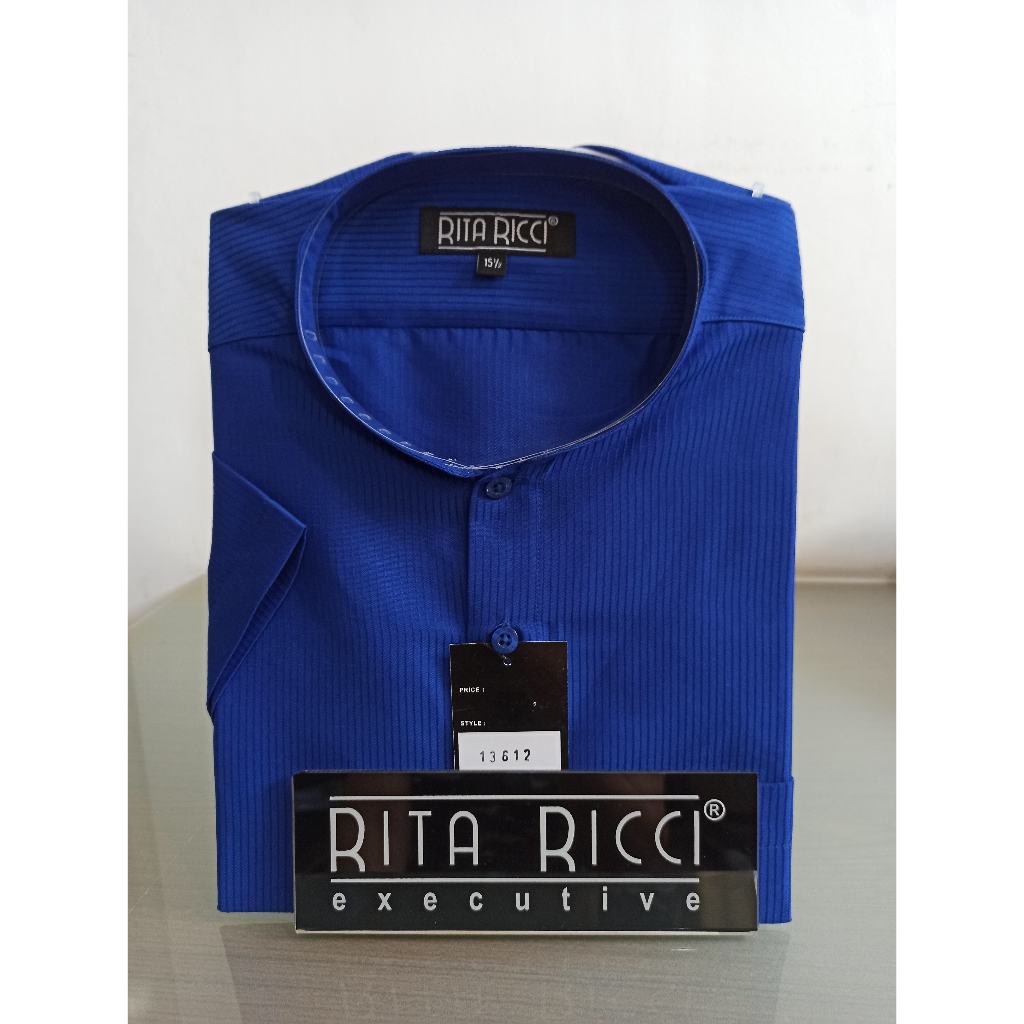 Kemeja Pria Rita Ricci Reguler kerah Koko motif dolby garis warna biru benhur lengan panjang dan pen