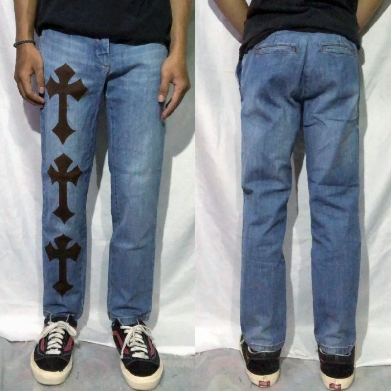 Celana Panjang Longpants Jeans Stefanel Blue Washed Fading Slim Straight Custom Cross Chrome Hearts 