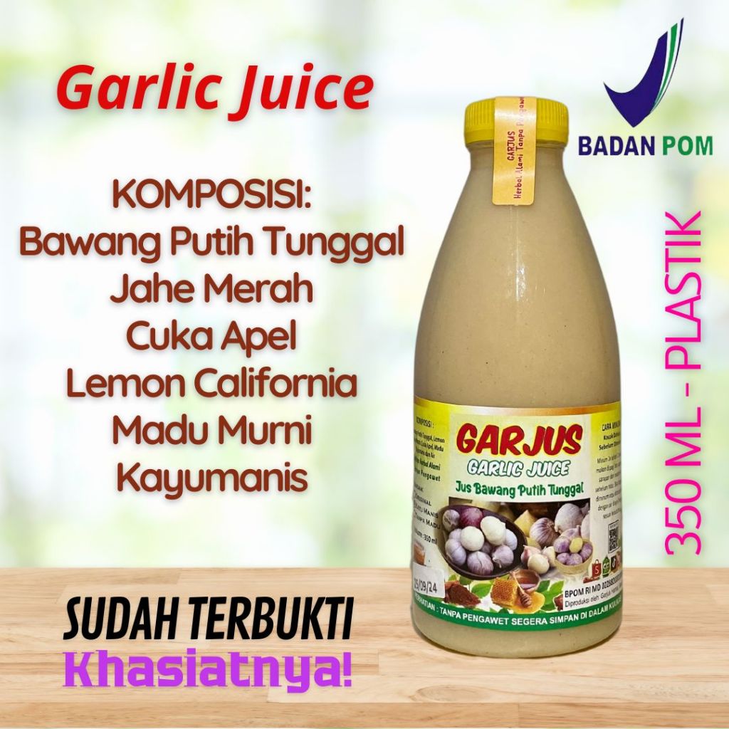 

BPOM GARJUS Jus Bawang Putih Tunggal, Madu Murni, Kayumanis, Lemon, Cuka Apel, Jahe Merah, Garlic Jus, Vertigo, Asam Urat, Maag, Asam Lambung