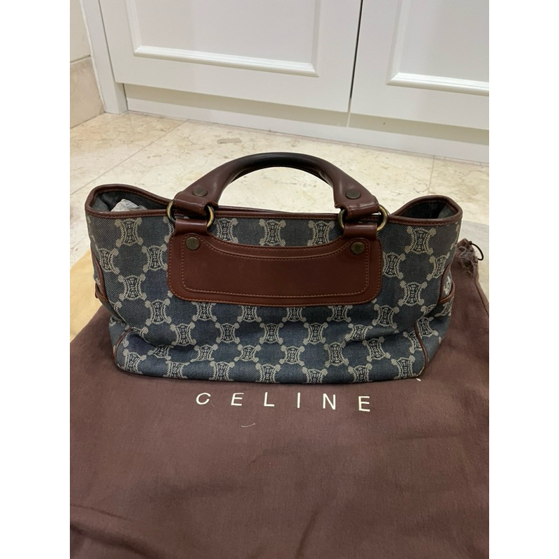 CELINE BOOGIE HANDBAG IN BLUE MONOGRAM DENIM CANVAS AND BROWN LEATHER