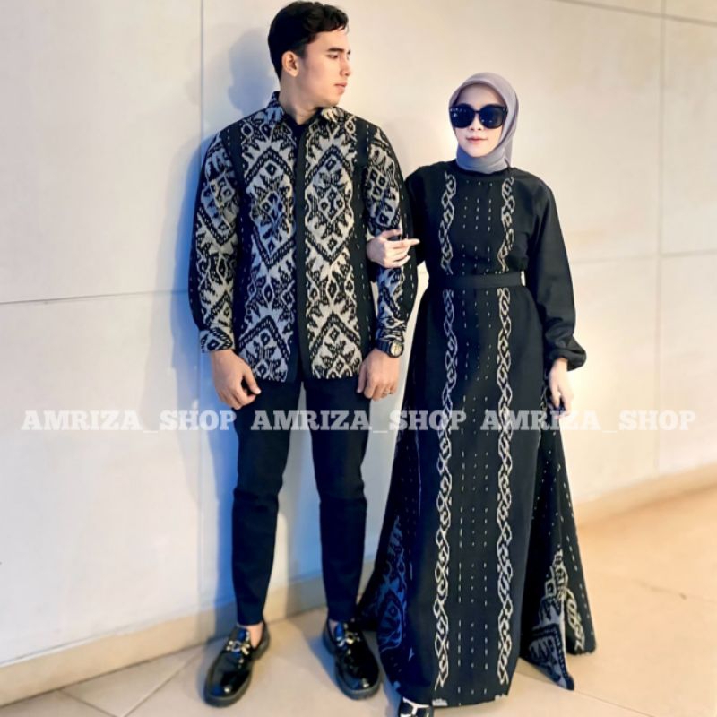 AMRIZA, BAJU TENUN COUPLE, DRES RANIA HITAM, SET COUPLE BAJU PASANGAN, BAJU COUPLE LEBARAN