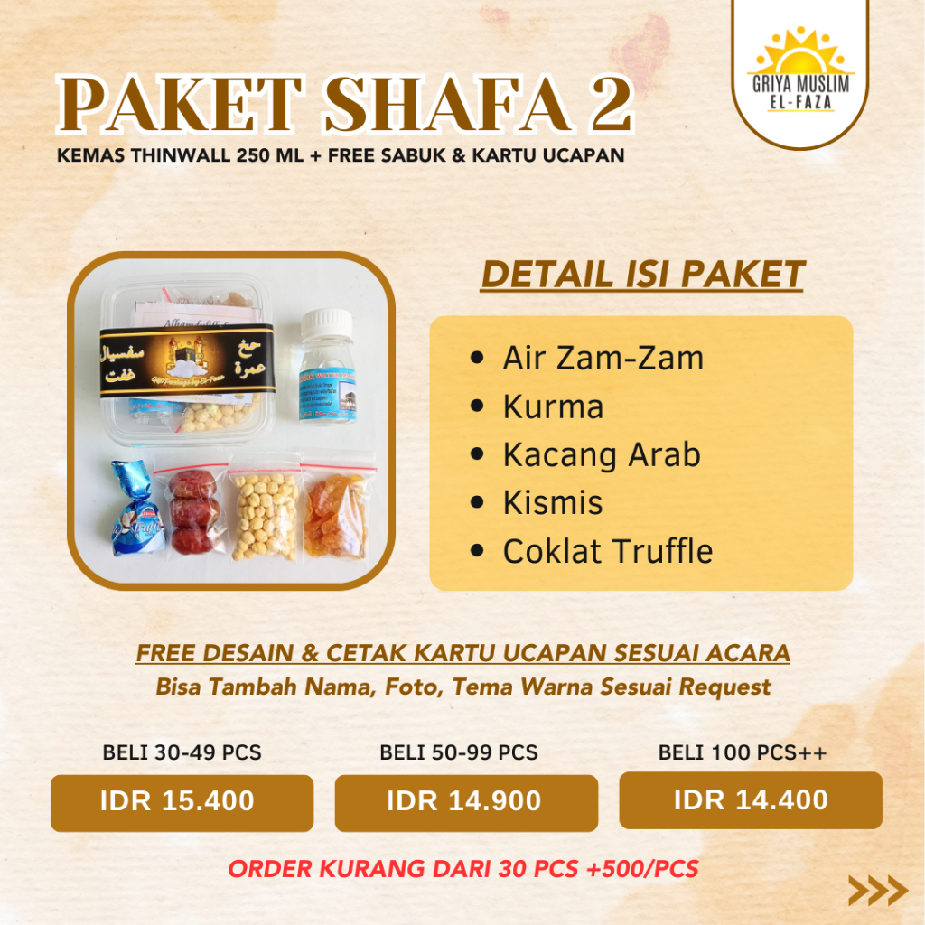 

PAKET SHAFA 2 Kemas Thinwall | Snack Arab | Oleh-Oleh Haji | Oleh-Oleh Umroh | Air Zam Zam | Kurma | Kacang Arab |