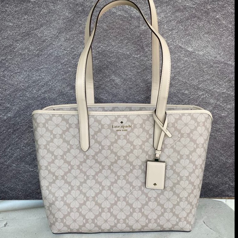 Tas Branded Wanita KATE SPADE Spade Tote Flower Dark Beige PVC Original Motif Bunga