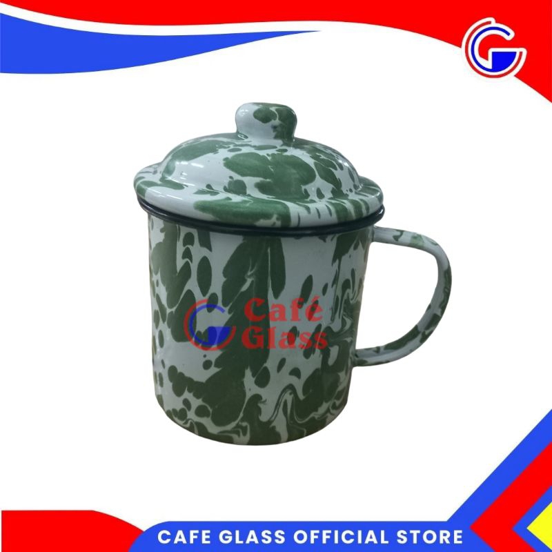 MUG KALENG JADUL LORENG HIJAU DENGAN TUTUP I GELAS ENAMEL RETRO I CANGKIR KALENG