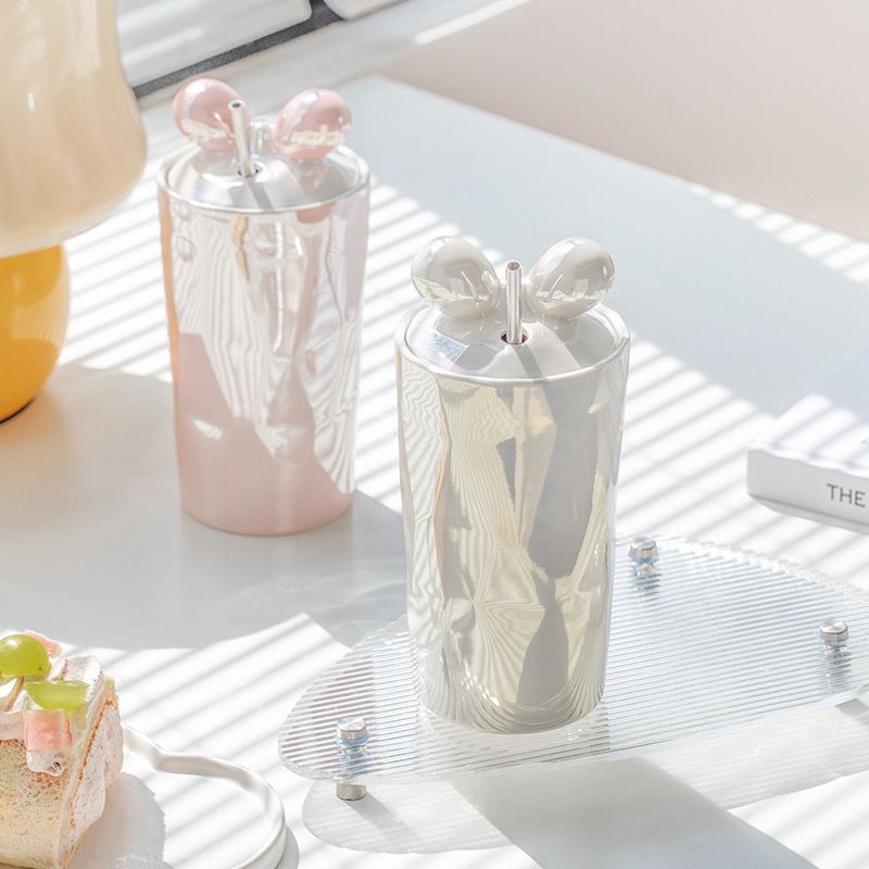 Ribbon Tumblr Keramik Botol Tumblr + Sedotan Stainless / Botol Minum Pita Botol Minum Keramik Aesthe