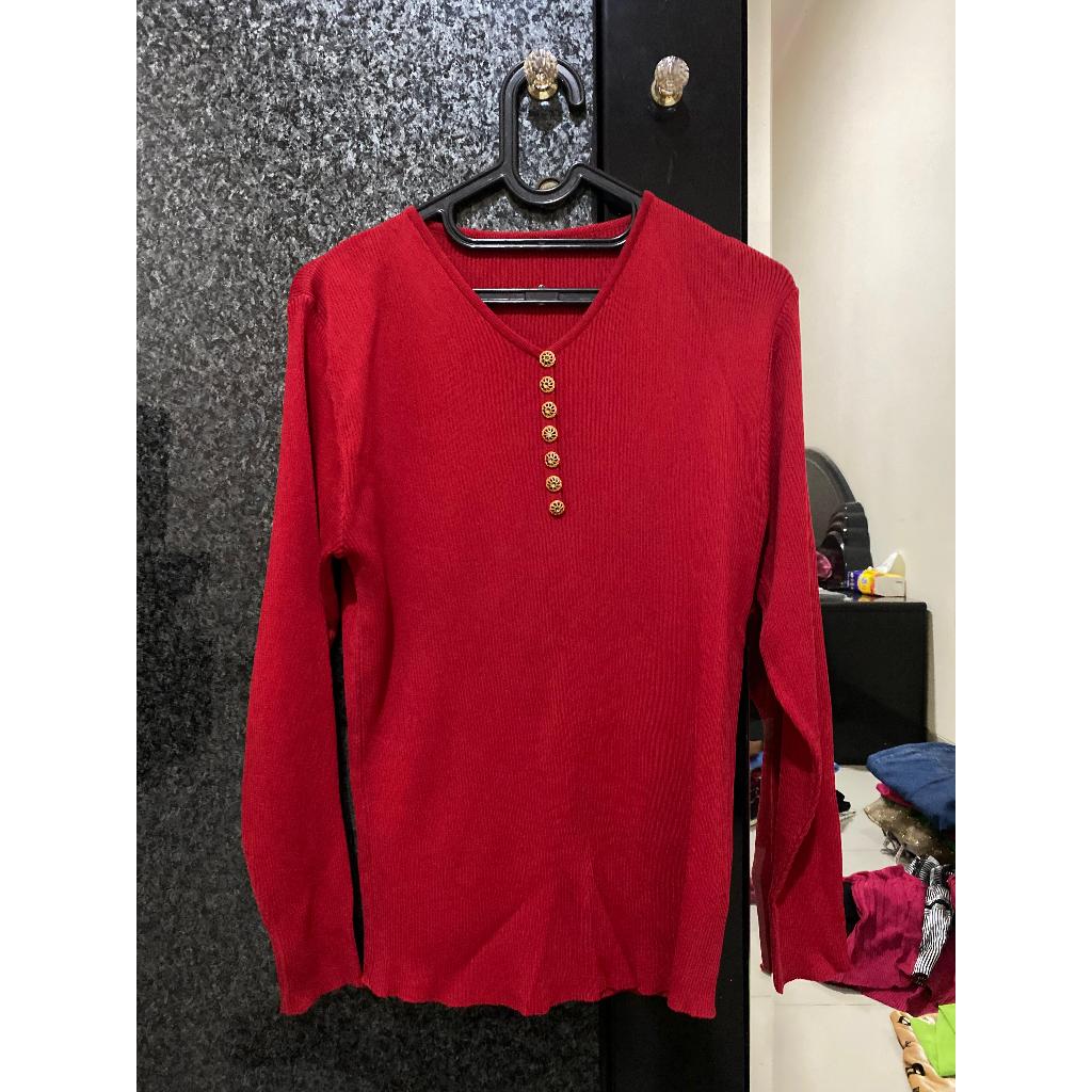 Baju Atasan Lengan Panjang Kaos Blouse Merah Maroon Wanita