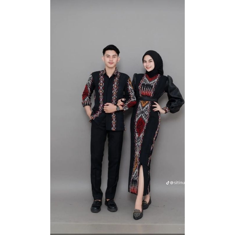 (READY STOK) Couple Tenun Fatima Hitam Kemeja & Dress Outfit Kondangan Engagement FT01