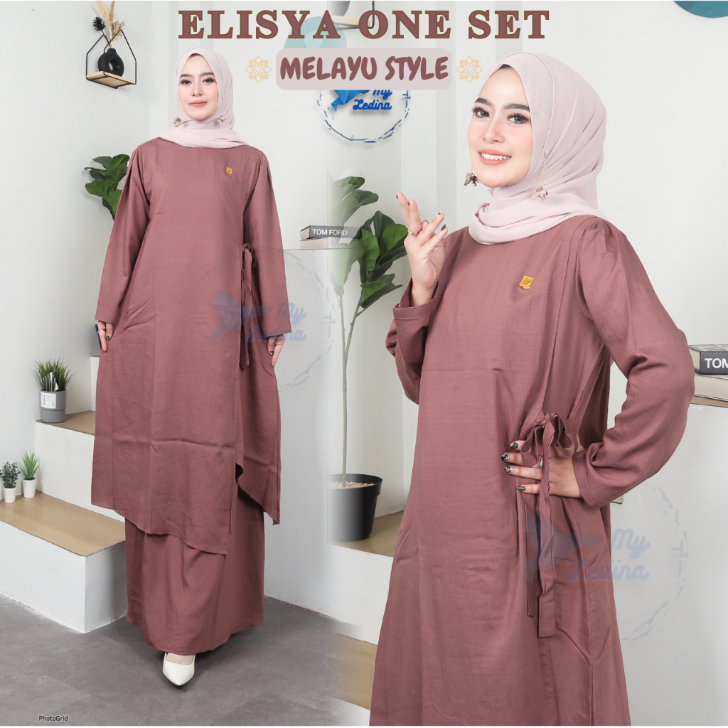 Setelan tunik Wanita Kekinian Elisya One set rok dan atasan Gamis Malaysia katun Polo Linen Dress Ba