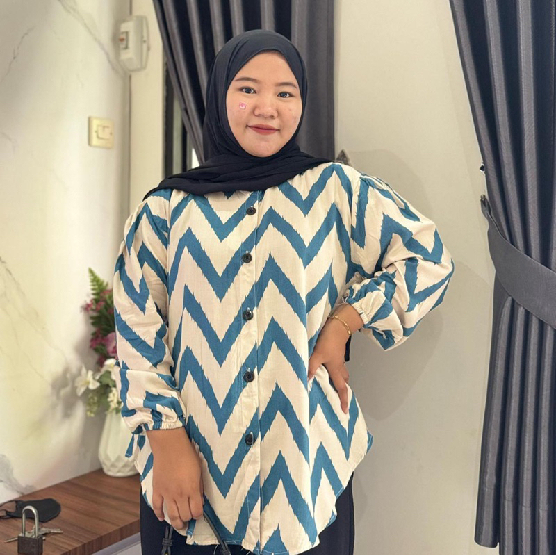 ELIZA Blouse oversize lengan balon katun rayon motif Premium Ld 110  -120