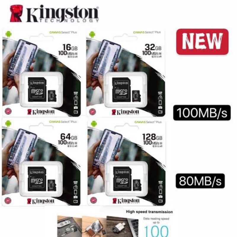 Kartu MicroSD Kingston Canvas Select Plus 16GB 32GB 64GB 128GB 256GB  100MB/s A1 MicroSDHC Class10