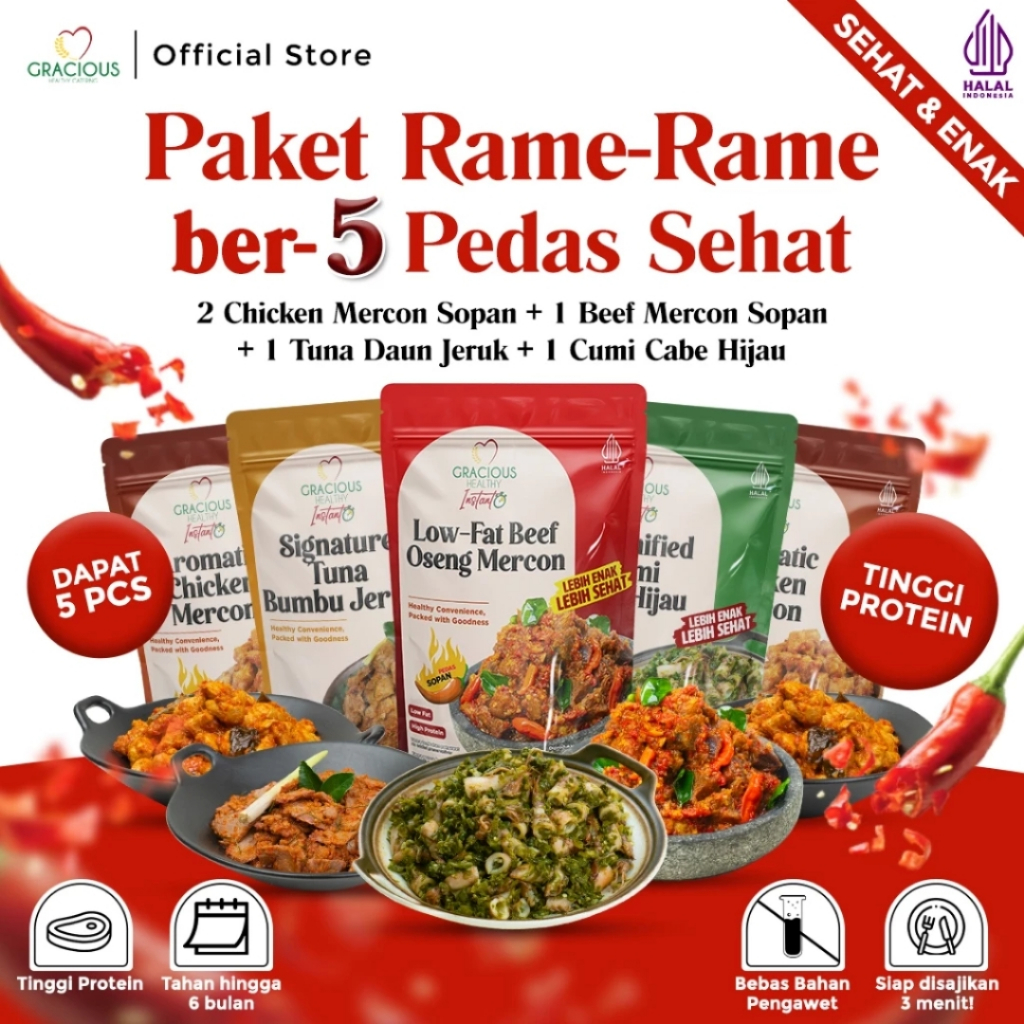 

PAKET RAME-RAME LEBIH HEMAT DAPAT 5 PCS (2 PCS AROMATIC CHICKEN MERCON + BEEF MERCON + TUNA DAUN JERUK + CUMI CABE HIJAU) - MAKANAN DIET INSTANT SIAP SAJI TINGGI PROTEIN RENDAH KALORI HEMAT BIAYA COCOK UNTUK ANAK KOST, KANTORAN & GYM