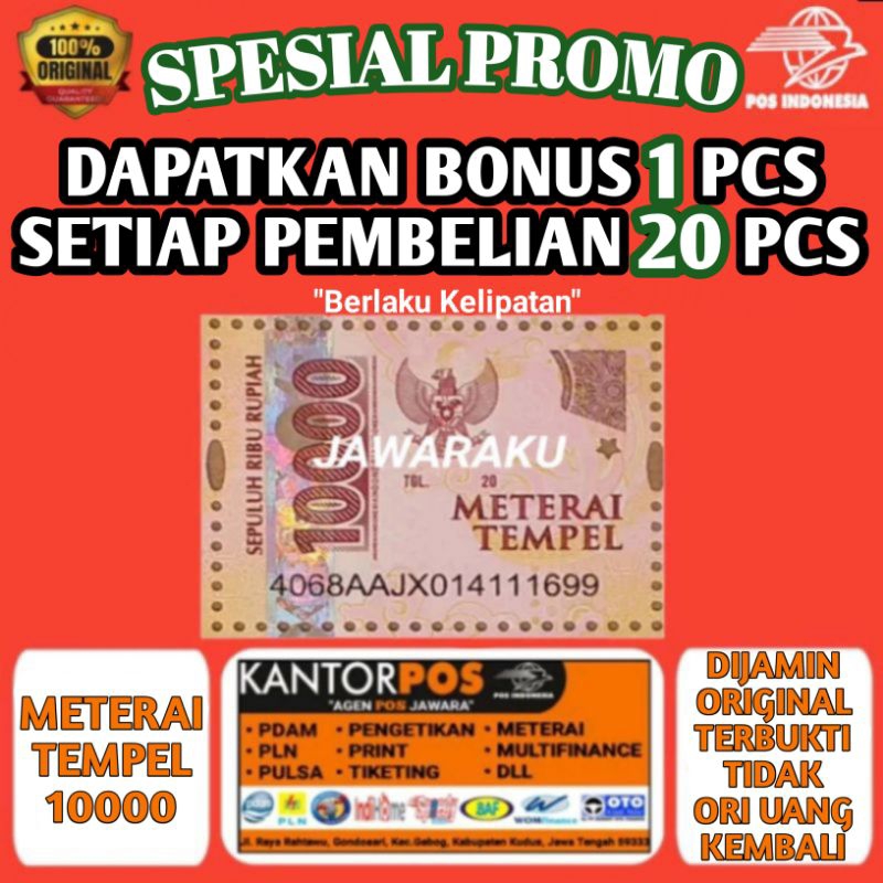 

MATERAI TEMPEL ASLI 10000 PERURI KANTOR POS INDONESIA 10.000 6000 3000 sepuluh ribu TERMURAH.!!