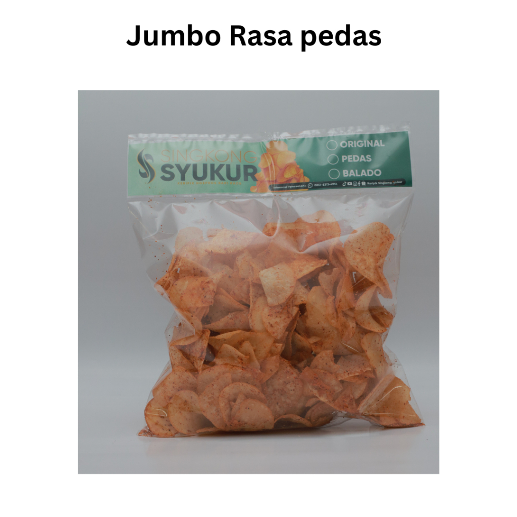 

Keripik Singkong Syukur Gurih Renyah Ukuran Jumbo isi 200 gram Cemilan Asli singkong Rasa Pedas Ngepros Bari Raos