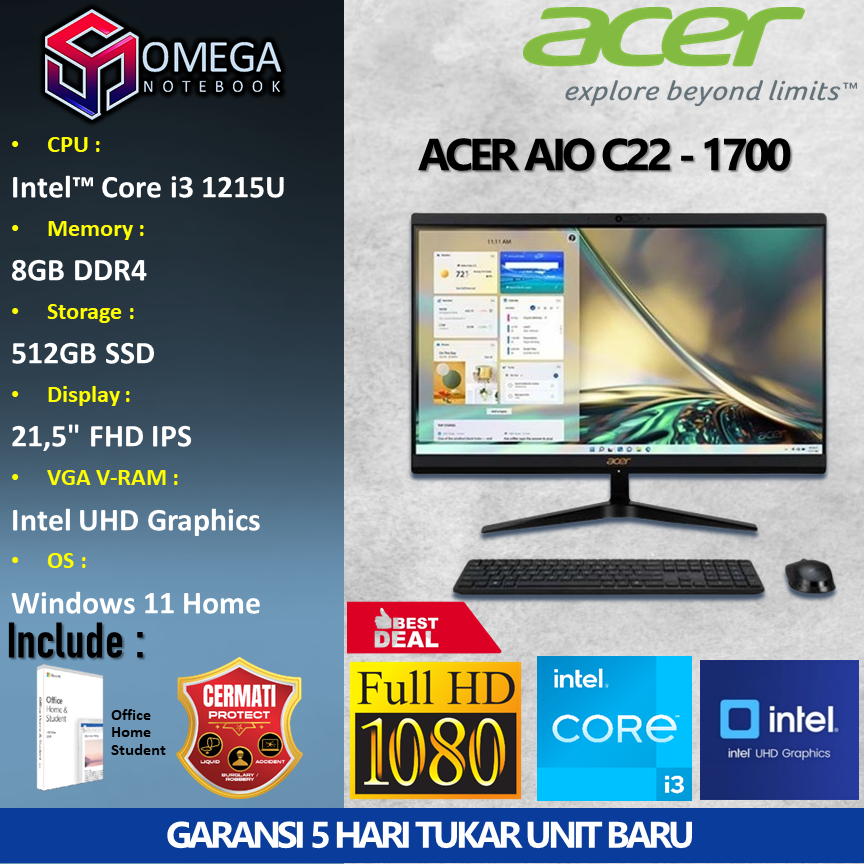 ACER PC AIO ASPIRE C22 1700 i3 1215 8GB 512GB 21,5 FHD Windows + Office