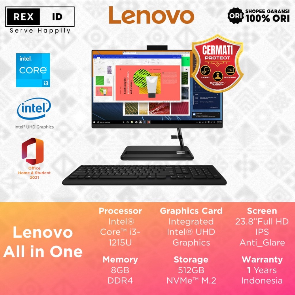 PC AIO Lenovo i3 1215U 8GB 512GB 23.8" Full HD IPS Win11+OHS - Lenovo AIO Ideacentre 3