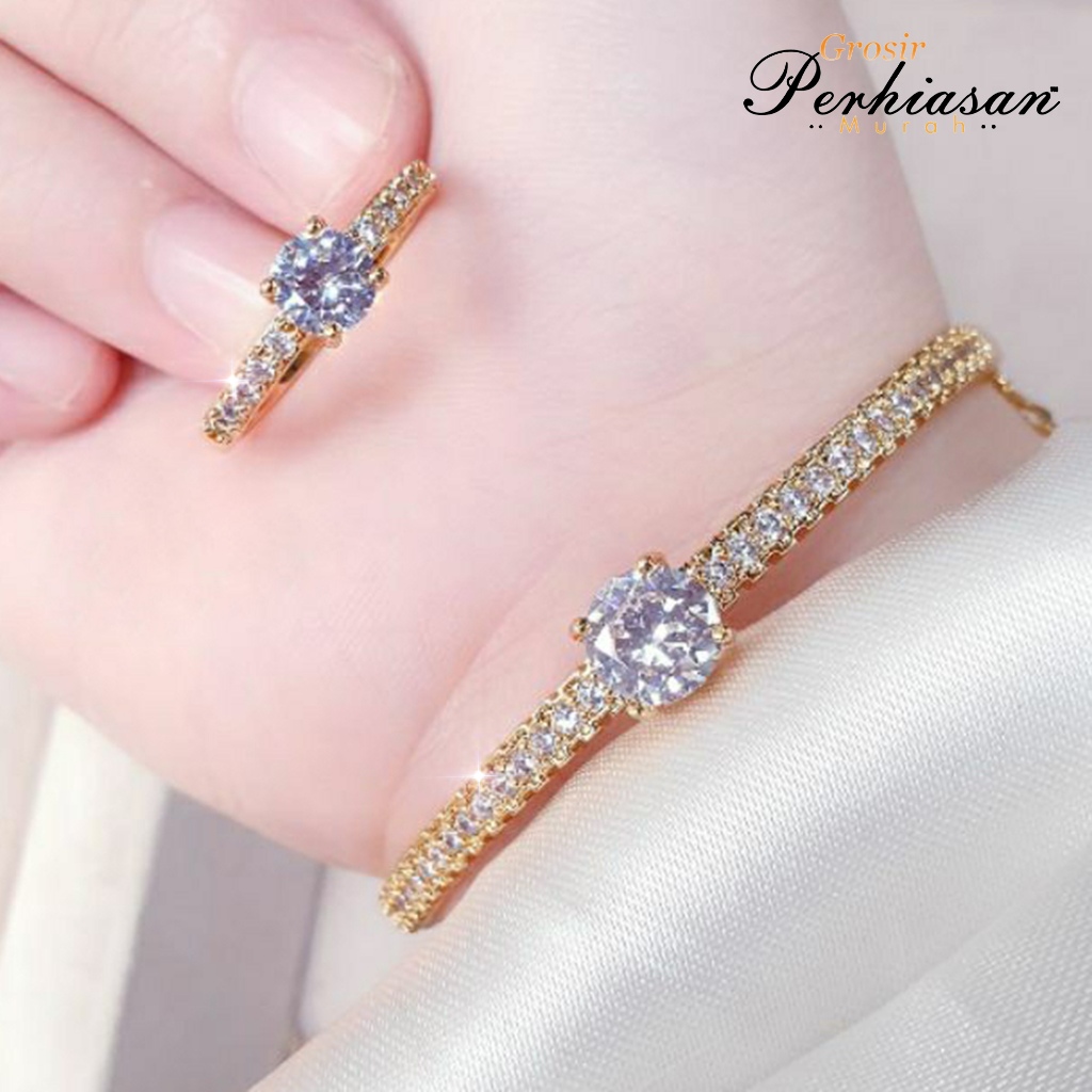 Set Perhiasan Dewasa Gelang Bangle Free Cincin Soliter Mata Satu Permata Imitasi Dan Perak