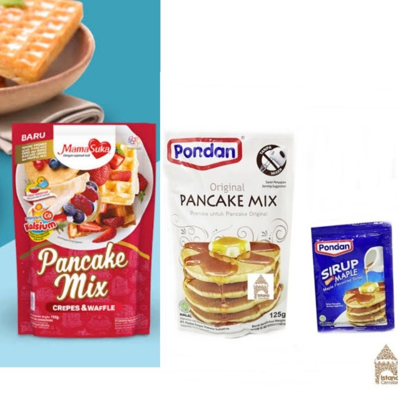 

Paket tepung pancake mix 125 gr dan sirup kue panekuk pancake wafle wafel crepes leker roti goreng instan original maple syrup 40 ml Pondan