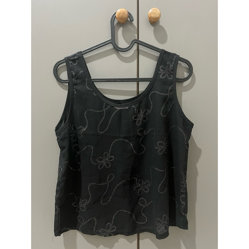 Sexy Top Atasan Casual Bling Bling Motif Bunga Hitam