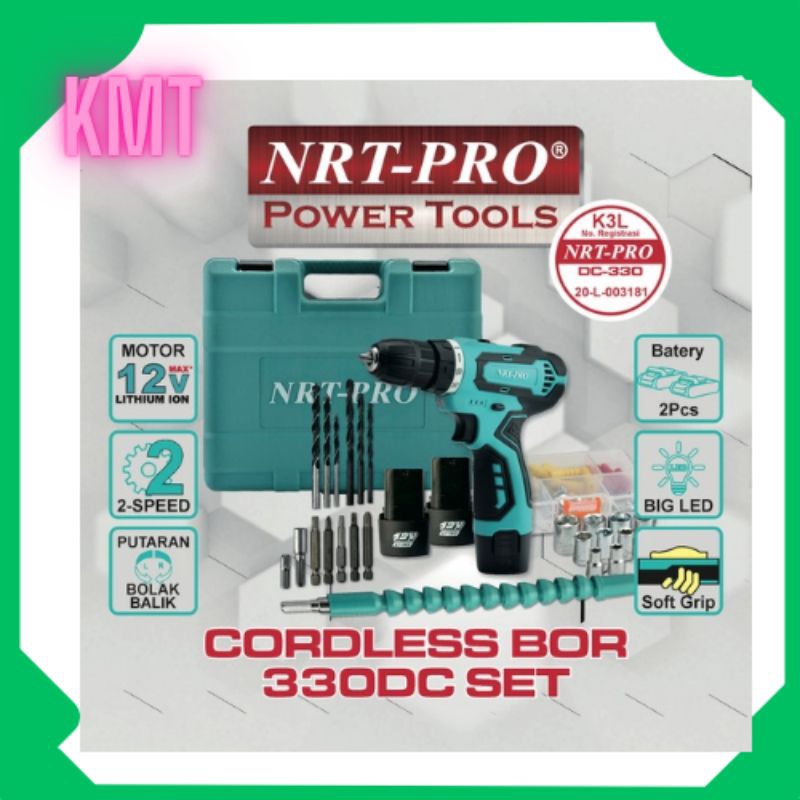 NRT-PRO 330 SET BOR CORDLESS DRILL paket ser 26pcs Batre tangan charger 12vMESIN BOR CORDLESS NRT - 