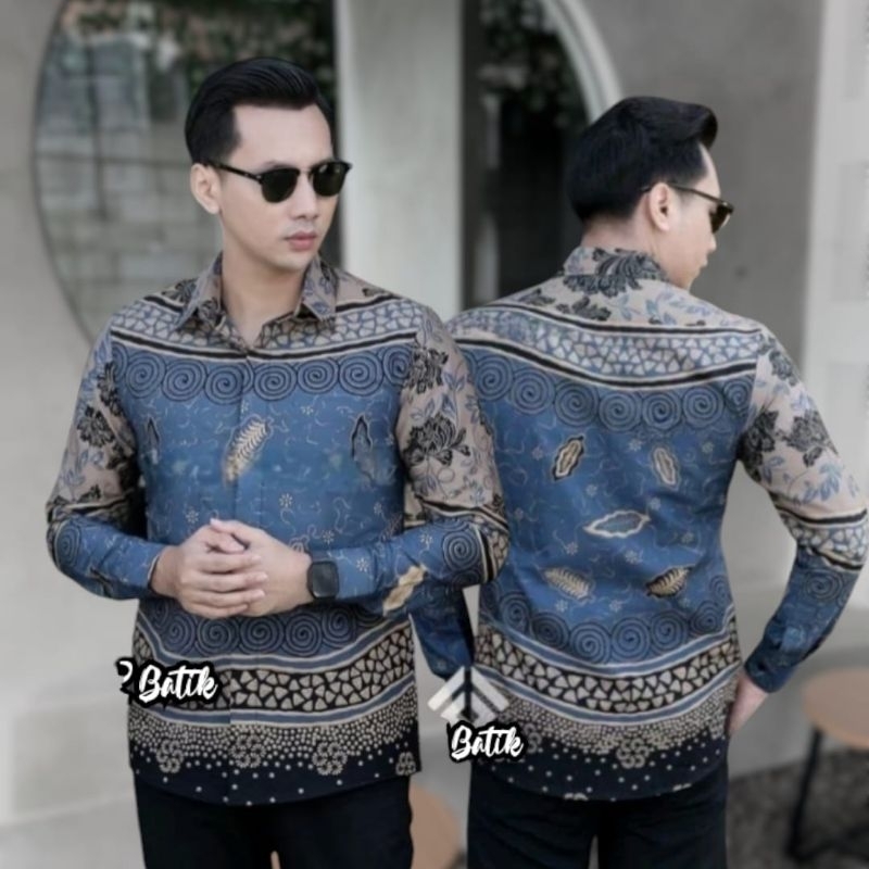 Baju Batik Pria Slimfit Lengan Panjang Non Full Furing Ero Warna Biru Denim